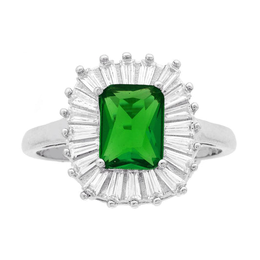 Anello Solitario Rettangolare Cubic Zirconia Verde Smeraldo contornato da Cubic Zirconia Trapezio Bianchi in ARGENTO 925 Galvanica Rodio