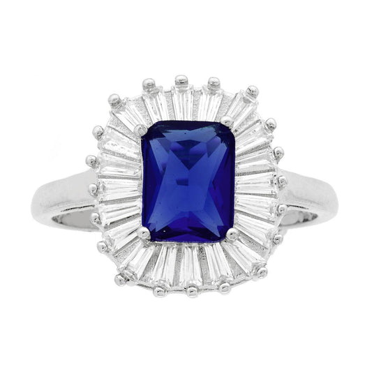 Anello Solitario Rettangolare Cubic Zirconia Blu Zaffiro contornato da Cubic Zirconia Trapezio Bianchi in ARGENTO 925 Galvanica Rodio