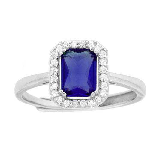 Anello Solitario Rettangolare Cubic Zirconia Blu Zaffiro contornato da Cubic Zirconia Bianchi in ARGENTO 925 Galvanica Rodio