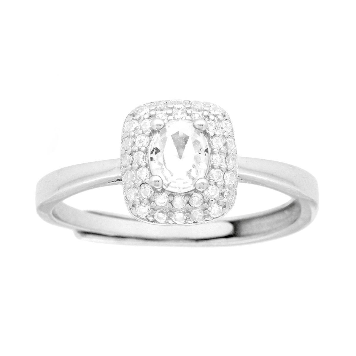 Anello Solitario Rettangolare Cubic Zirconia Ovale Bianco contornato da Cubic Zirconia Bianchi in ARGENTO 925 Galvanica Rodio