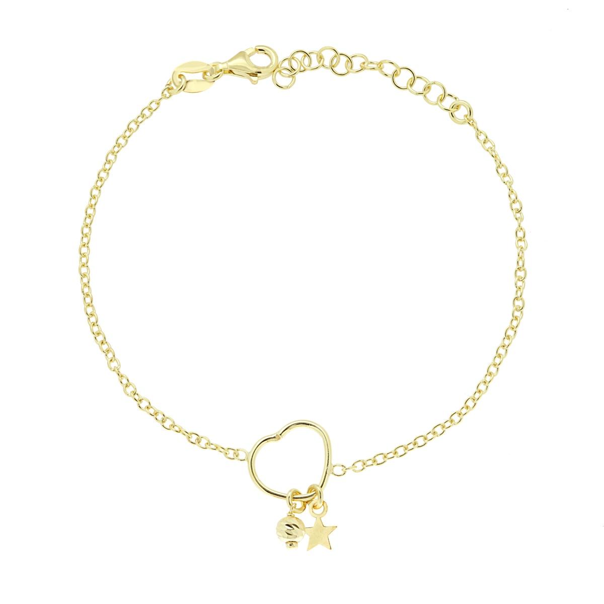 Bracciale Catena Forzatina Diamantata con Cuore Anello con Stella plain e Pallina Diamantata pendenti in ARGENTO 925 Galvanica Oro