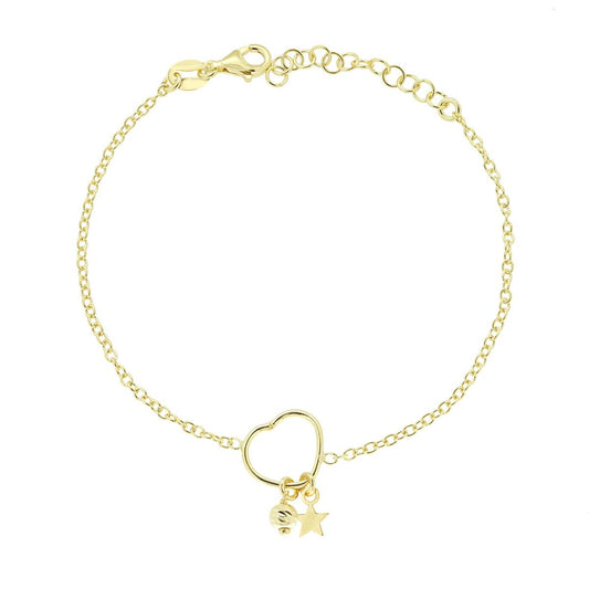 Bracciale Catena Forzatina Diamantata con Cuore Anello con Stella plain e Pallina Diamantata pendenti in ARGENTO 925 Galvanica Oro