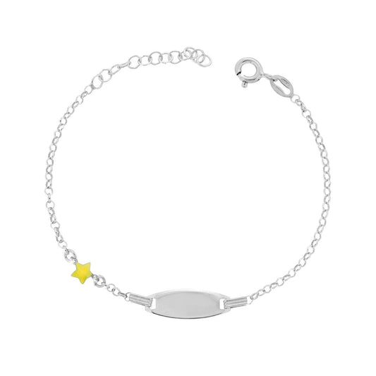 Bracciale Bimbo Bimba Targa Ovale con catena Rolo Diamantata e Stella Smalto Giallo in ARGENTO 925 Galvanica Rodio