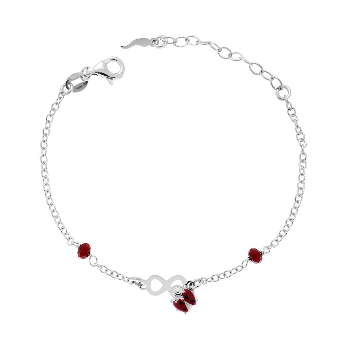 Bracciale Bimbo Bimba Catena Rolo Diamantata con Infinito Coccinella smalto Rosso e Crystal Rossi in ARGENTO 925 Galvanica Rodio