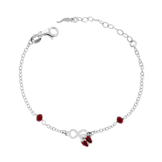 Bracciale Bimbo Bimba Catena Rolo Diamantata con Infinito Coccinella smalto Rosso e Crystal Rossi in ARGENTO 925 Galvanica Rodio