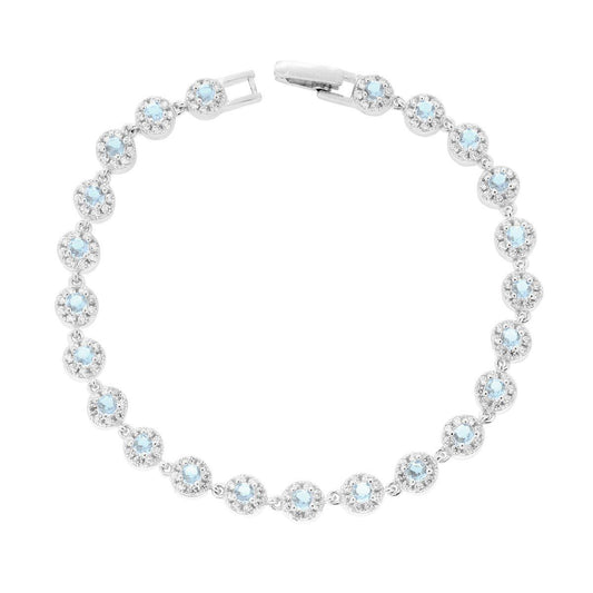 Bracciale Tennis cm 17 Fiori Tondi Acquamarina contornati da Cubic Zirconia Bianchi in ARGENTO 925 Galvanica Rodio