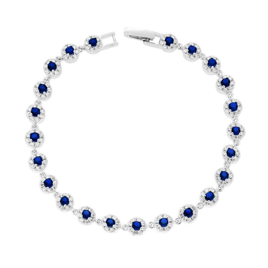 Bracciale Tennis cm 17 Fiori Tondi Blu Zaffiro contornati da Cubic Zirconia Bianchi in ARGENTO 925 Galvanica Rodio