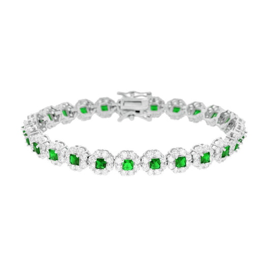 Bracciale Tennis cm 18 Fiori Verde Smeraldo Carre contornati da Cubic Zirconia Bianchi in ARGENTO 925 Galvanica Rodio