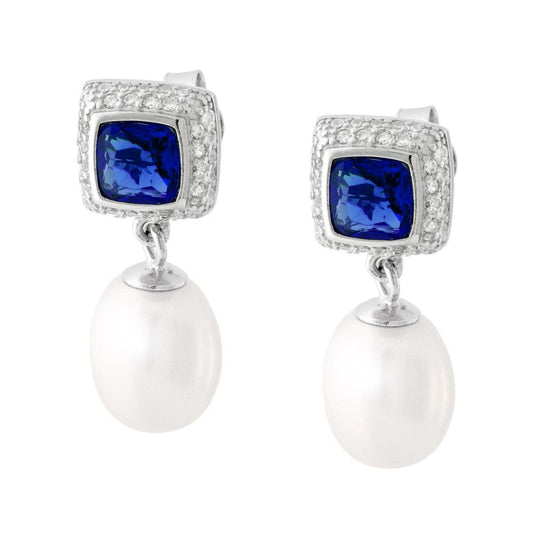 Orecchini Quadrati Blu Zaffiro contornato da Cubic Zirconia Bianchi e Perla Ovale pendente in ARGENTO 925 Galvanica Rodio