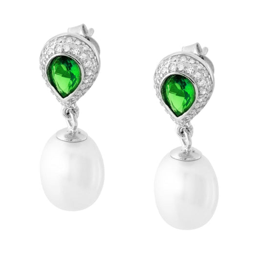 Orecchini Goccia Verde Smeraldo contornato da Cubic Zirconia Bianchi e Perla Ovale pendente in ARGENTO 925 Galvanica Rodio