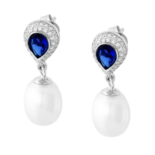 Orecchini Goccia Blu Zaffiro contornato da Cubic Zirconia Bianchi e Perla Ovale pendente in ARGENTO 925 Galvanica Rodio