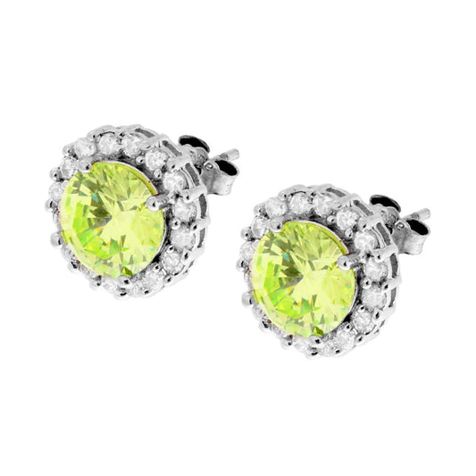 Orecchini forma Tonda con Zircone Verde contornato da Zirconi Bianchi in ARGENTO 925 Galvanica Rodio