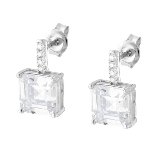 Orecchini Punto Luce Quadrato Carre con Cubic Zirconia Bianchi in ARGENTO 925 Galvanica Rodio