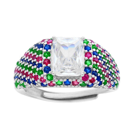 Anello Chevalier Sigillo Rettangolo Cubic Zirconia Bianco e Mulicolor Rubino Smeraldo e Zaffiro in ARGENTO 925 Galvanica Rodio
