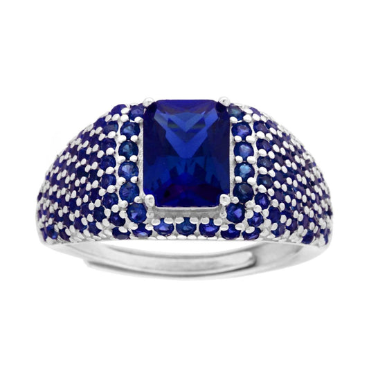 Anello Chevalier Sigillo Rettangolo Cubic Zirconia Blu Zaffiro in ARGENTO 925 Galvanica Rodio
