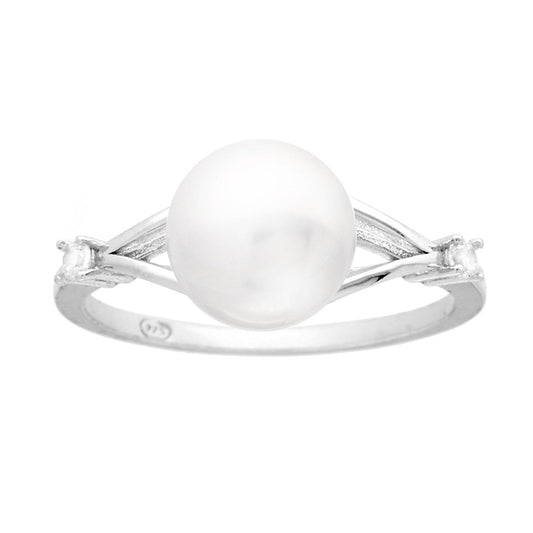 Anello con Perla Bianca e Cubic Zirconia Bianchi in ARGENTO 925 Galvanica Rodio