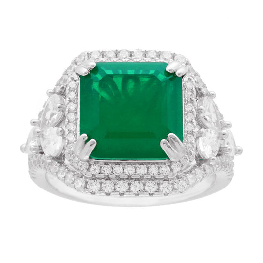 Anello Chevalier Quadrato Verde Smeraldo contornato da Cubic Zirconia Bianchi in ARGENTO 925 Galvanica Rodio