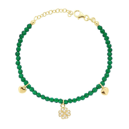 Bracciale Crystal Verde Smeraldo con Cuori Bombati e Quadrifoglio con Cubic Zirconia Bianchi in ARGENTO 925 Galvanica Oro