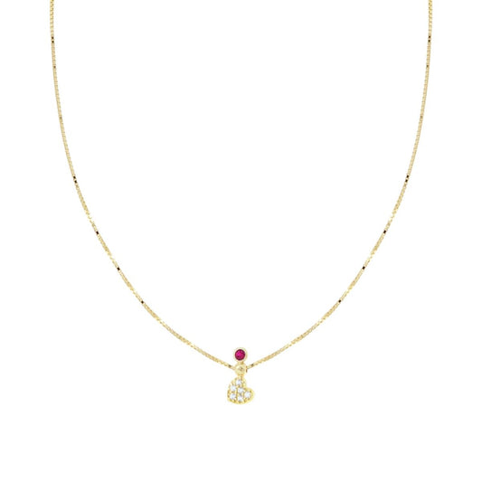 Collana Catena Veneziana Diamantata con Cuore Cubic Zirconia Bianchi e Punto Luce Rosso Rubino in ARGENTO 925 Galvanica Oro
