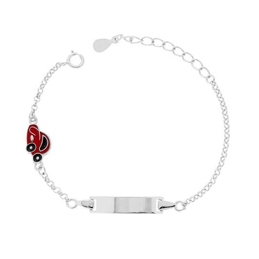 Bracciale Targa Bimbo Bimba con catena Rolo Diamantata e Auto Maggiolino Smalto Rosso in ARGENTO 925 Galvanica Rodio