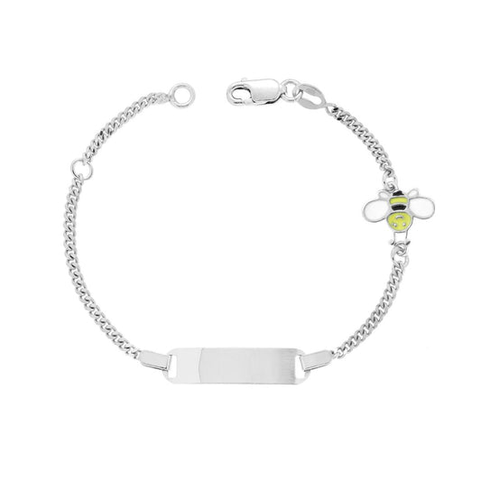 Bracciale Bimbo Bimba Targa con catena Grumetta e Ape smalto Giallo e Bianco in ARGENTO 925 Galvanica Rodio