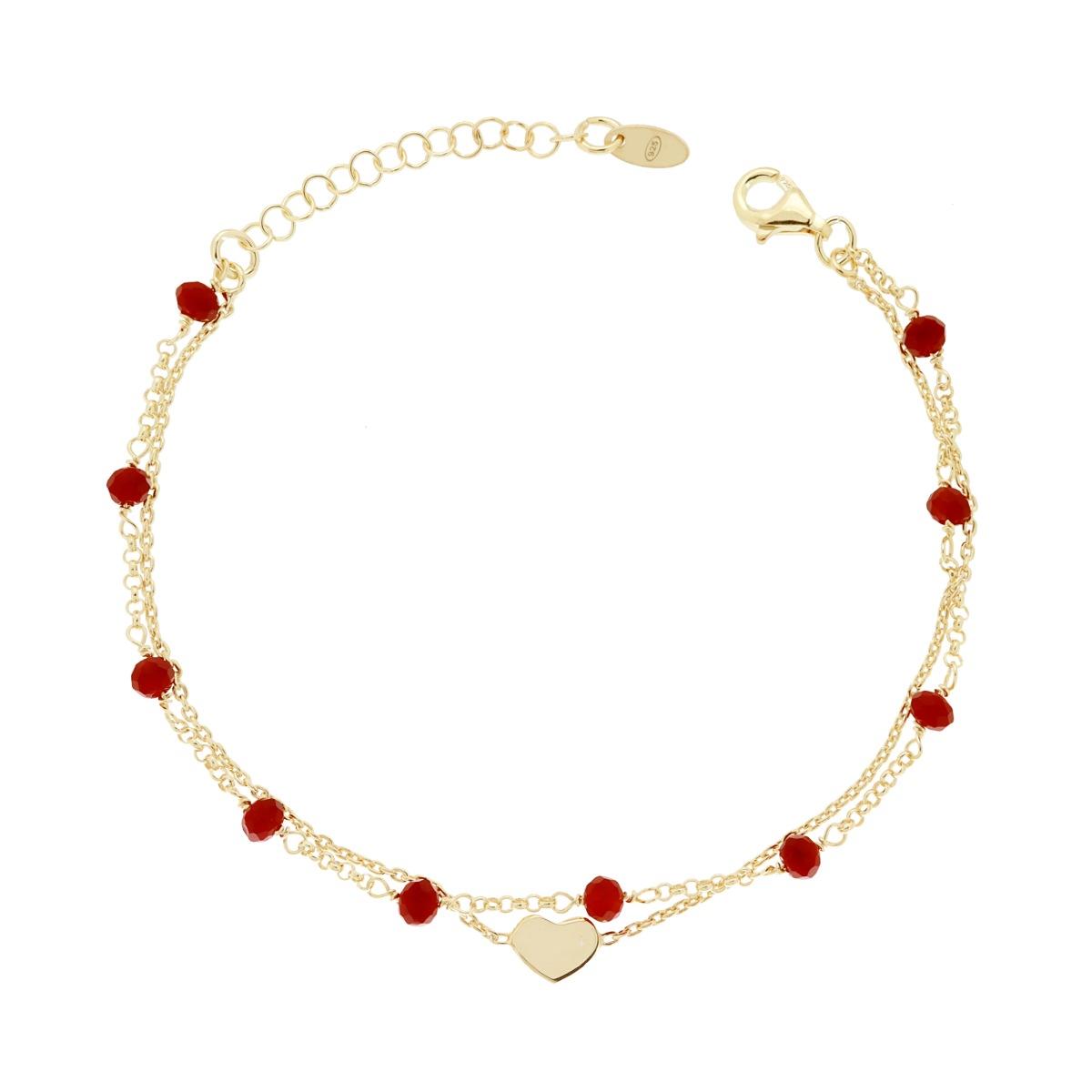 Bracciale due fili Catena Forzatina e Rolo con Cuore plain e Crystal Rosso in ARGENTO 925 Galvanica Oro