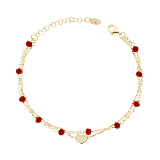 Bracciale due fili Catena Forzatina e Rolo con Cuore plain e Crystal Rosso in ARGENTO 925 Galvanica Oro