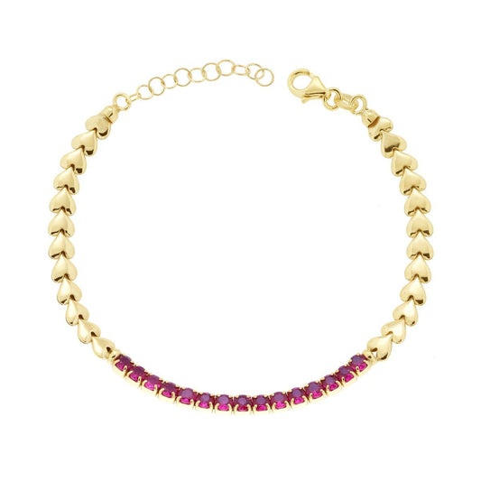 Bracciale Catena Cuori e Cubic Zirconia Rosso Rubino in ARGENTO 925 Galvanica Oro