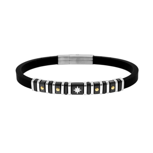 Bracciale in PVC Caucciu Nero con Rosa dei Venti Smalto Bianco Punti Oro e Accessori in ACCIAIO