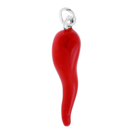 Ciondolo Portafortuna Corno mm 42 con Smalto Rosso Corallo in ARGENTO 925