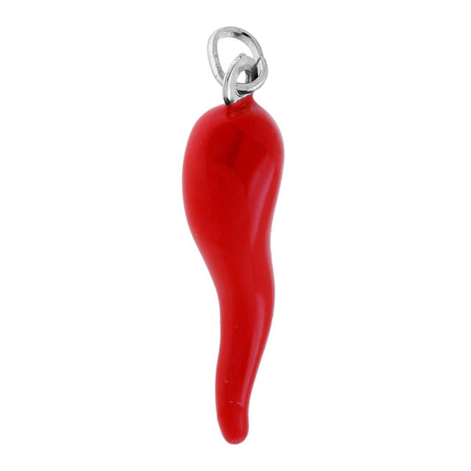 Ciondolo Portafortuna Corno mm 42 con Smalto Rosso Corallo in ARGENTO 925 Galvanica Rodio