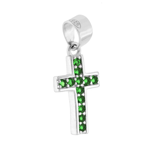 Ciondolo Croce con Cubic Zirconia Verde Smeraldo in ARGENTO 925 Galvanica Rodio