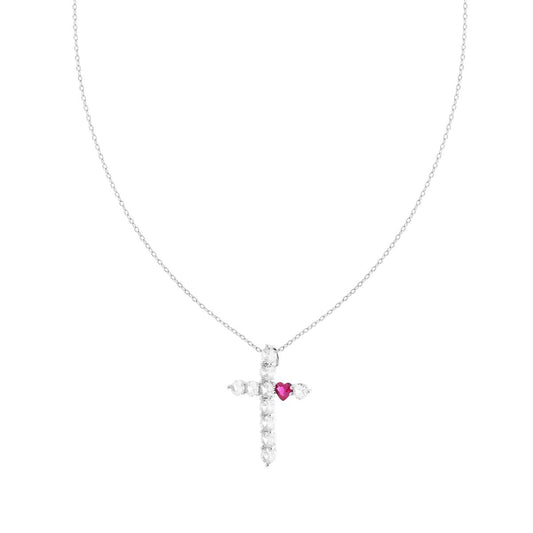 Collana catena Forzatina Diamantata con Croce Cubic Zirconia Bianchi e Cuore Rosso Rubino in ARGENTO 925 Galvanica Rodio