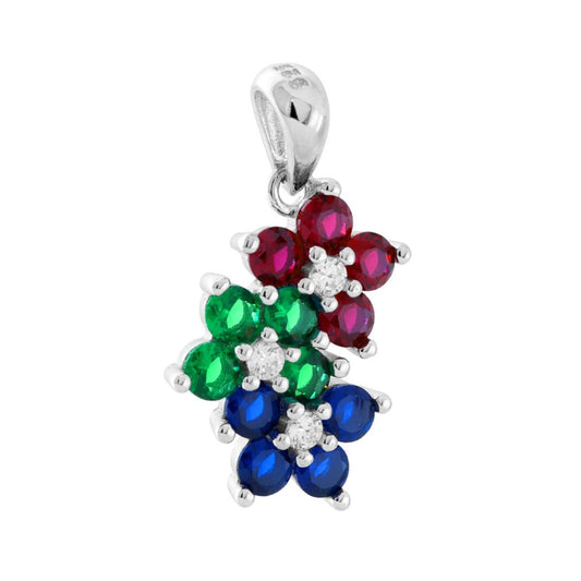 Ciondolo tre Fiori con Cubic Zirconia Multicolor in ARGENTO 925 Galvanica Rodio