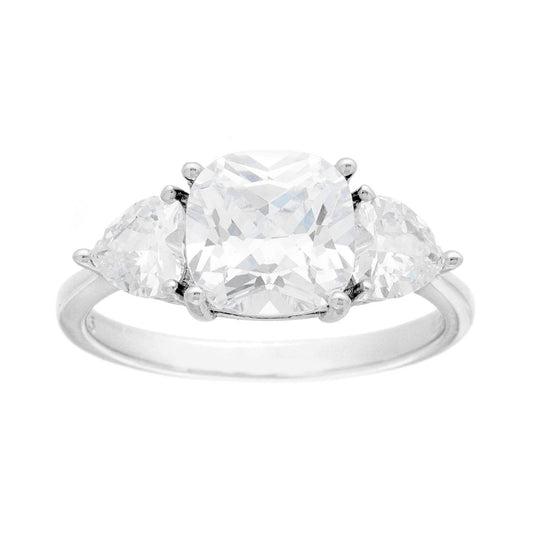 Anello Trilogy con Cubic Zirconia Quadrato e laterali a Cuore in ARGENTO 925 Galvanica Rodio