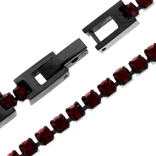 Bracciale Tennis Griffe cm 18-21 con Crystal mm 3 Rosso Rubino in ACCIAIO colore Nero
