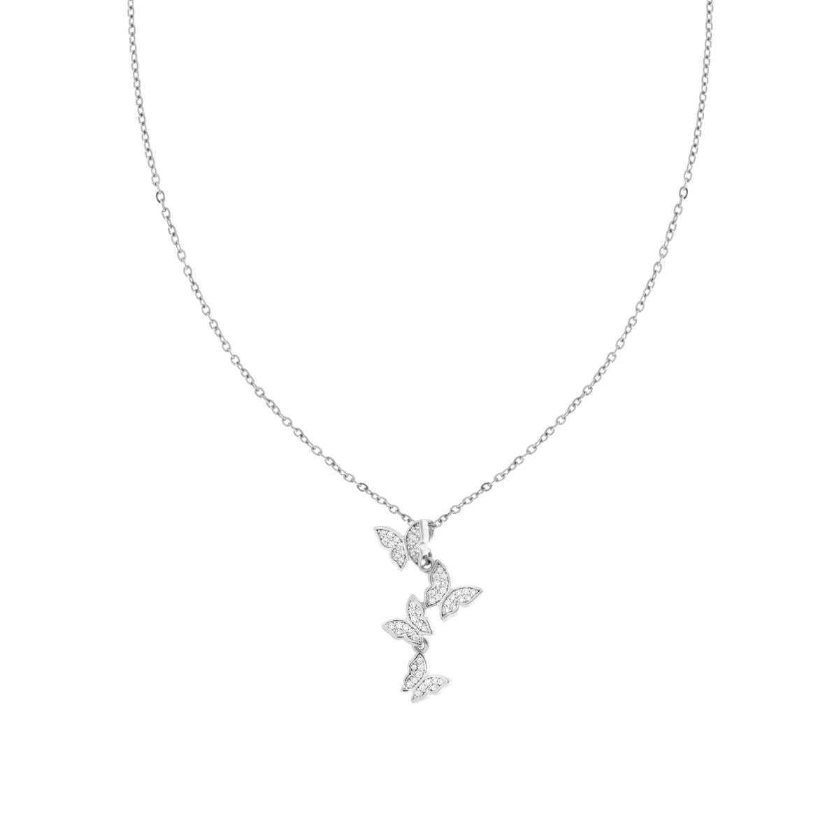 Collana Catena Forzatina Diamantata con Farfalle e Crystal Bianchi in ACCIAIO e OTTONE