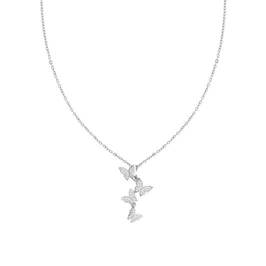 Collana Catena Forzatina Diamantata con Farfalle e Crystal Bianchi in ACCIAIO e OTTONE