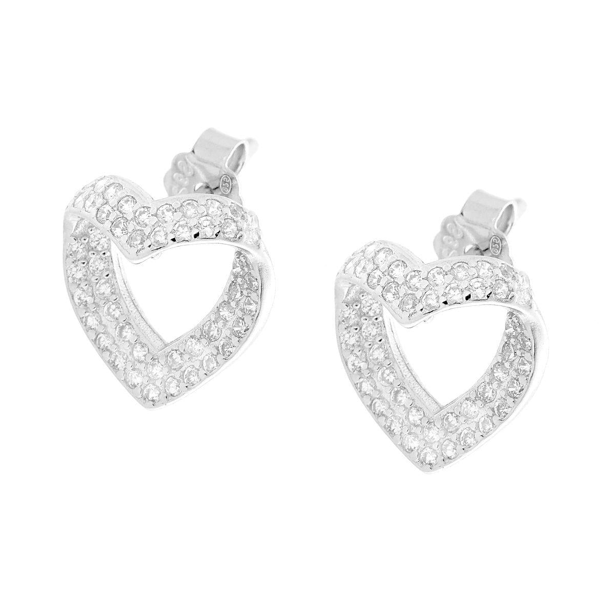 Orecchini Cuore a Nastro con Cubic Zirconia Bianchi in ARGENTO 925 Galvanica Rodio