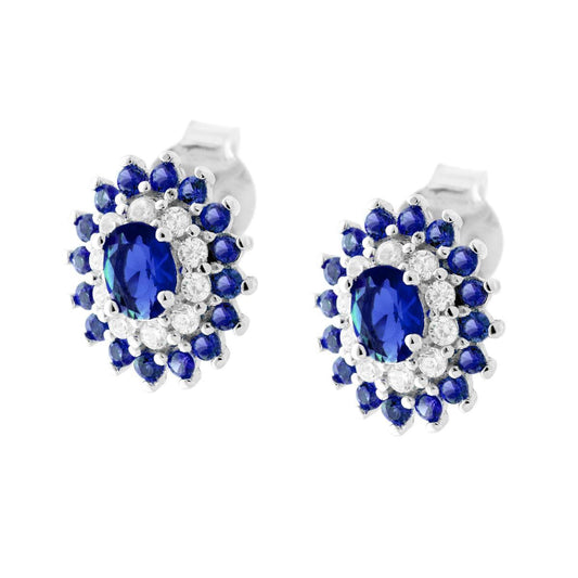 Orecchini Ovali con Cubic Zirconia Blu Zaffiro e Bianchi in ARGENTO 925 Galvanica Rodio