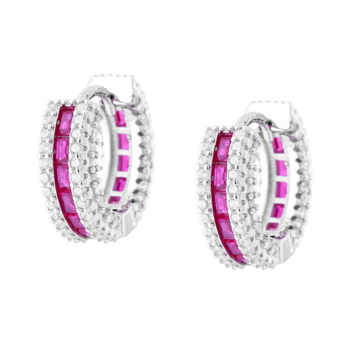 Orecchini Cerchio Creola Scattino con Cubic Zirconia Rosso Rubino e Bianchi in ARGENTO 925 Galvanica Rodio