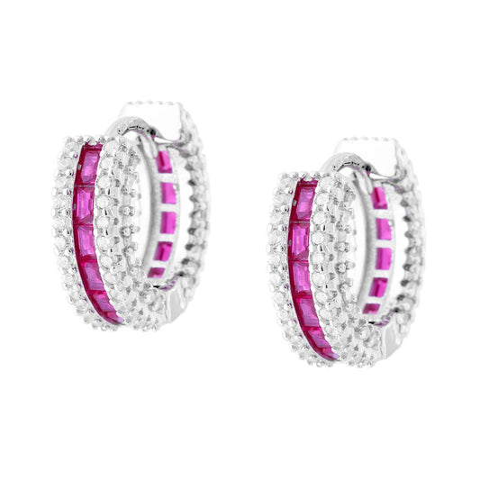 Orecchini Cerchio Creola Scattino con Cubic Zirconia Rosso Rubino e Bianchi in ARGENTO 925 Galvanica Rodio