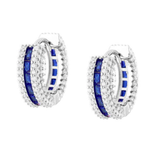 Orecchini Cerchio Creola Scattino con Cubic Zirconia Blu Zaffiro e Bianchi in ARGENTO 925 Galvanica Rodio