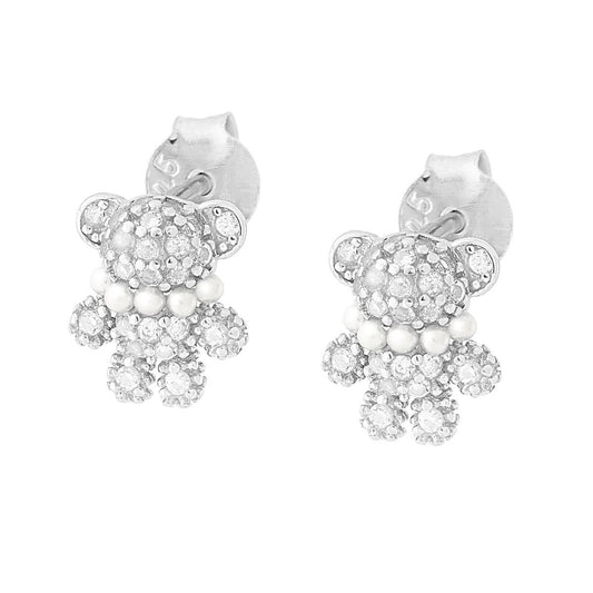 Orecchini Orsacchiotto Cubic Zirconia Bianchi e Perline Bianche in ARGENTO 925 Galvanica Rodio