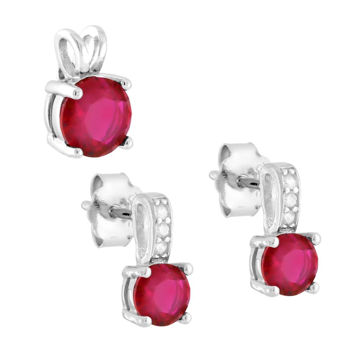 Parure Set Orecchini e Ciondolo Punto Luce Tondo Rosso Rubino con Cubic Zirconia Bianchi in ARGENTO 925 Galvanica Rodio