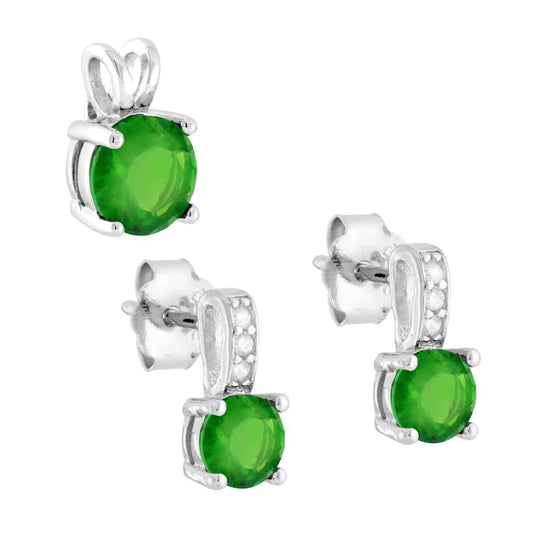 Parure Set Orecchini e Ciondolo Punto Luce Tondo Verde Smeraldo con Cubic Zirconia Bianchi in ARGENTO 925 Galvanica Rodio