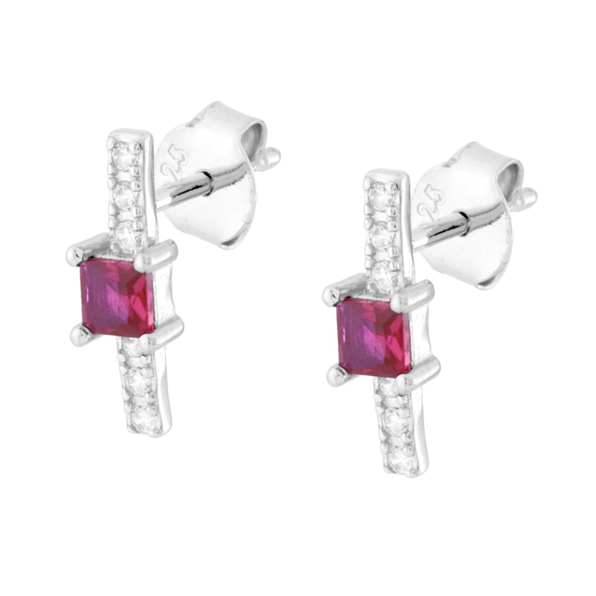 Orecchini Barretta con Quadrato Rosso Rubino e Cibic Zirconia Bianchi in ARGENTO 925 Galvanica Rodio