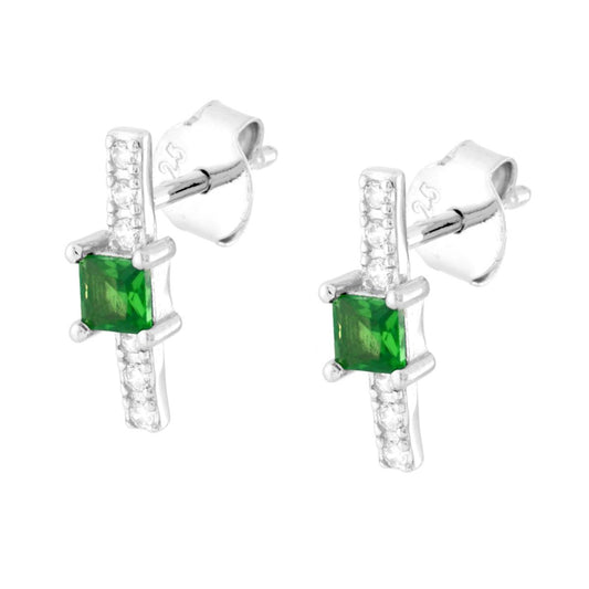 Orecchini Barretta con Quadrato Verde Smeraldo e Cibic Zirconia Bianchi in ARGENTO 925 Galvanica Rodio
