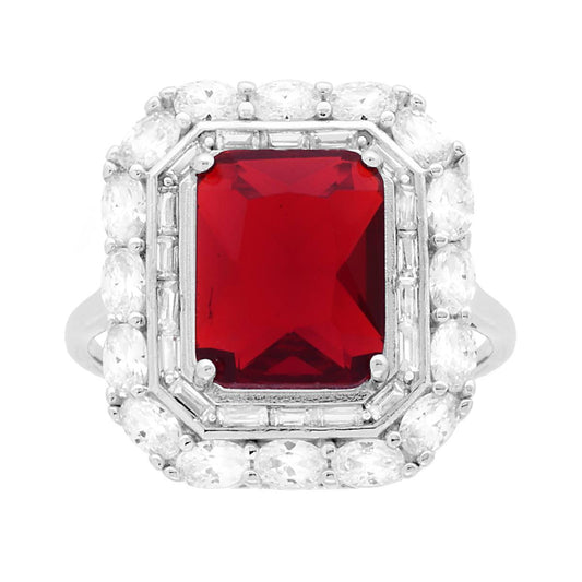 Anello Rettangolo Rosso Rubino contornato da Cubic Zirconia Bianchi Ovale e Baguette in ARGENTO 925 Galvanica Rodio