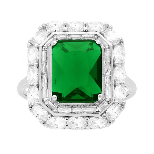 Anello Rettangolo Verde Smeraldo contornato da Cubic Zirconia Bianchi Ovale e Baguette in ARGENTO 925 Galvanica Rodio